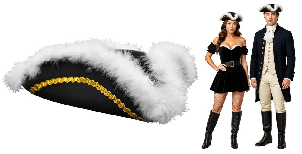5249 Tricorn Hat for Adults Black Colonial Pirate Hats with White Faux